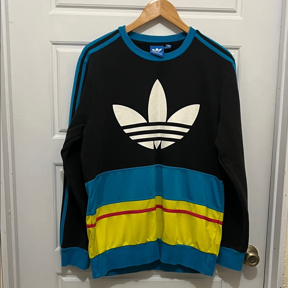 Adidas Men's Black, Blue, and Yellow Crewneck Sweater